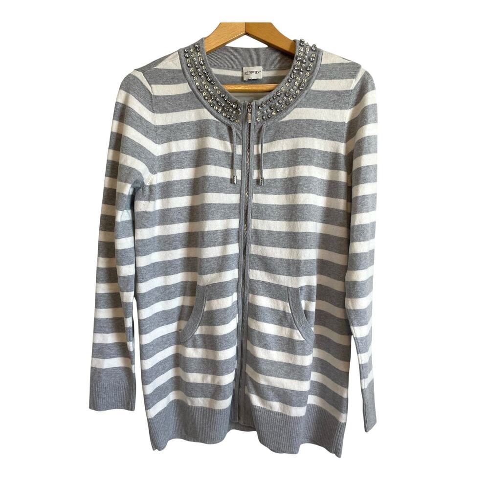 Chico's Z Energy Cotton Cashmere Blend Cardigan Gray Striped Zip L/XL Showgirl